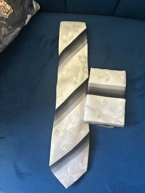Men's Silver and Black Paisley Stripe Tie with Matching Pocket Square